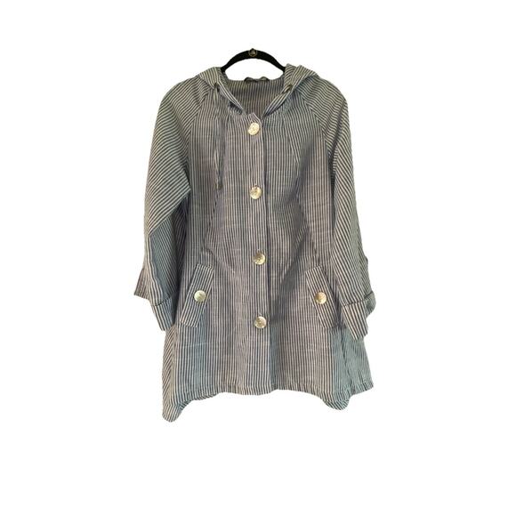 Jones New York Blue & White Striped Hooded Linen Blend Light Jacket Small - Picture 2 of 9